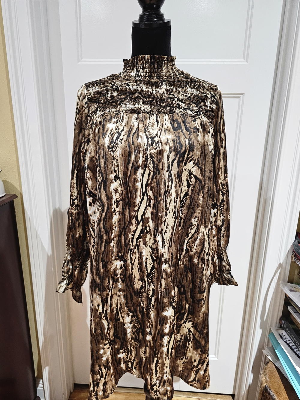 THML Brown and Cream Snake-Print Long Sleeve Shift Dress, NWT